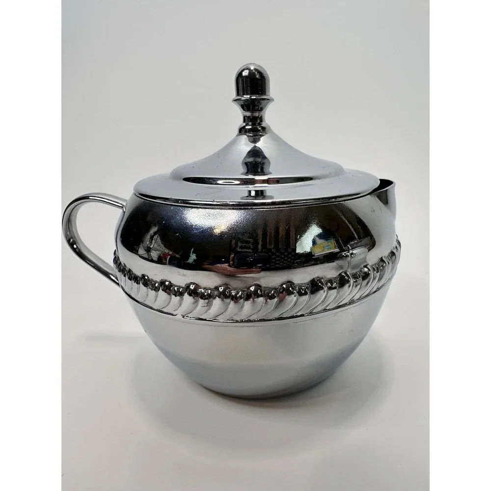 Vintage Irvinware Sugar &‎ Creamer Serving Set Chrome Tone Makers Mark MCM USA